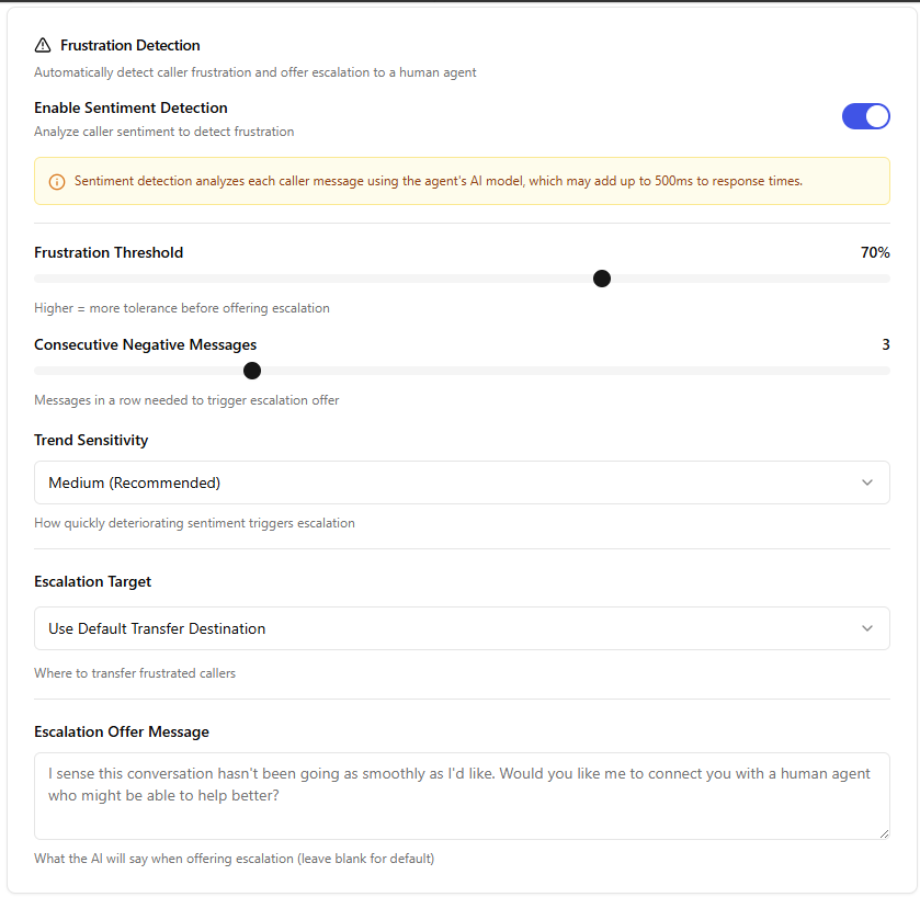 PhoneFlow Frustration Detection settings: enable sentiment detection toggle, frustration threshold slider, consecutive negative messages count, trend sensitivity, escalation target, and customizable escalation offer message